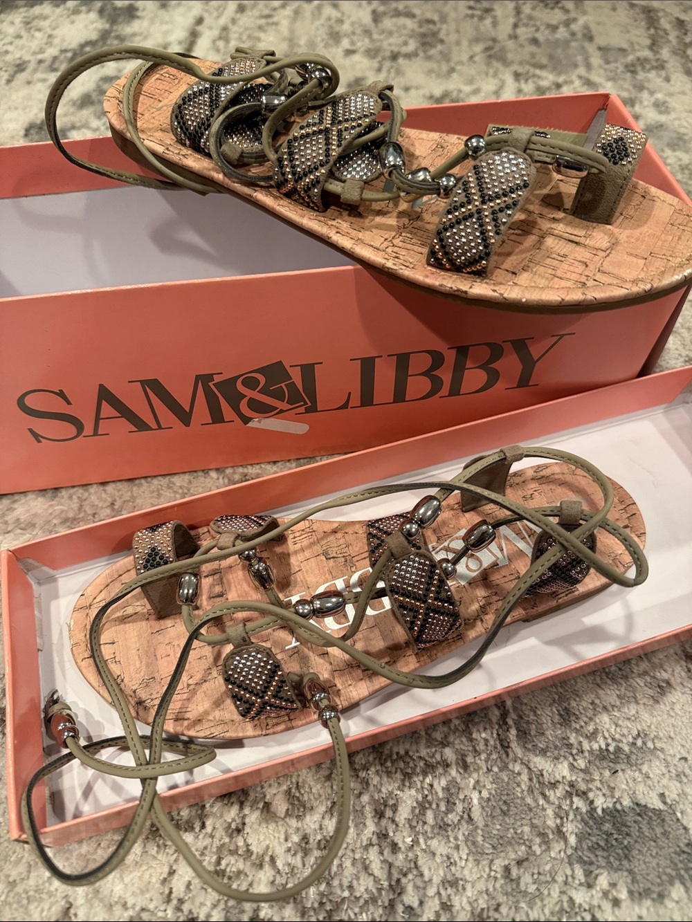 Sam & Libby Olive Beaded Cork Lace-Up Gladiator Sandals